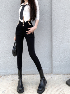 RM1270#薄绒小黑裤女冬高腰设计感紧身显瘦包臀打底裤靴裤