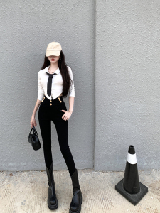 RM1270#薄绒小黑裤女冬高腰设计感紧身显瘦包臀打底裤靴裤
