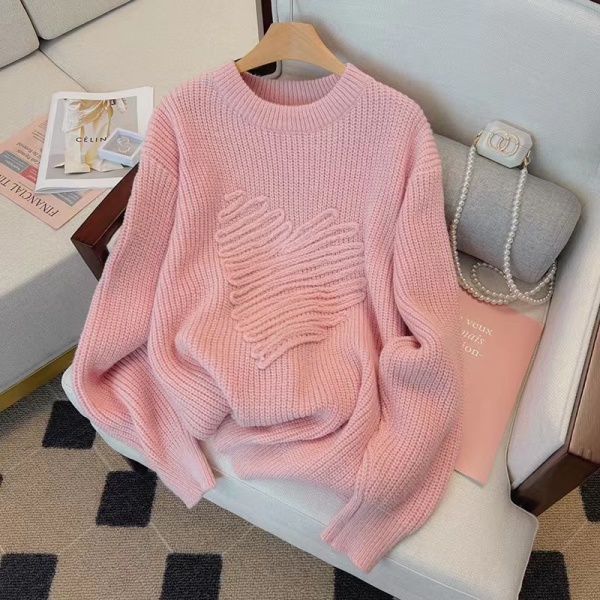 KM28732#韩版简约款粉色套头毛衣线条桃心毛针织衫