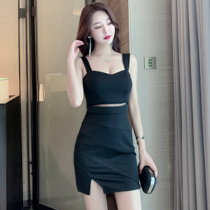 Sexy low cut suspender dress with hip wrap skirt
