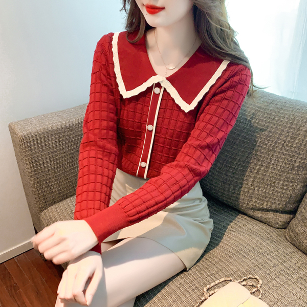 KM30454#新款韩版娃娃领长袖针织打底衫女内搭针织衫