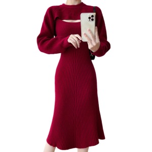 PS65588# 法式小个子长袖针织连衣裙女秋冬红色圣诞节套装 服装批发女装服饰货源