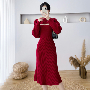 PS65588# 法式小个子长袖针织连衣裙女秋冬红色圣诞节套装 服装批发女装服饰货源