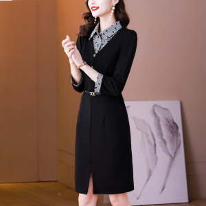 PS65384# 大牌黑色连衣裙女秋新款Polo领系带撞色显瘦包臀裙 服装批发女装服饰货源