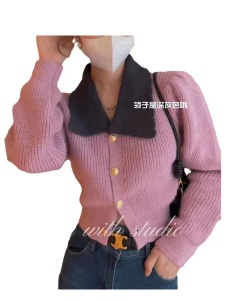KM28362#紫色星河气质风翻领设计拼色小金扣毛衣秋季chic减龄针织上衣