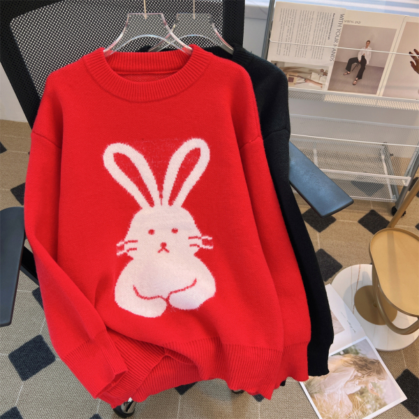 KM29276#新款红色新年兔子植绒毛衣宽松慵懒风套头针织衫