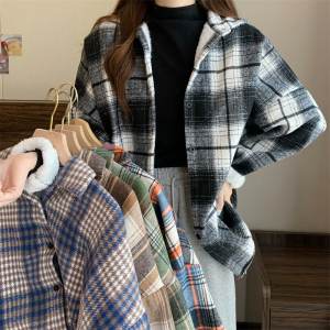 PS63468# 新款韩版撞色格子加绒加厚保暖衬衫外套女 服装批发女装服饰货源