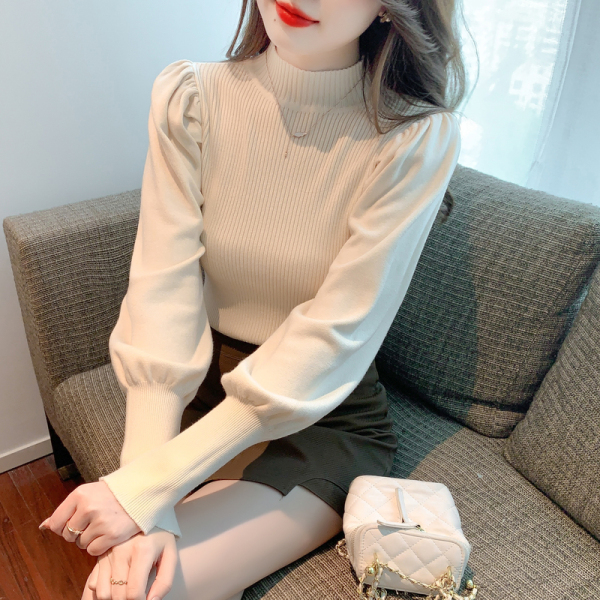 KM29048#新款韩版套头纯色灯笼袖修身打底衫针织上衣