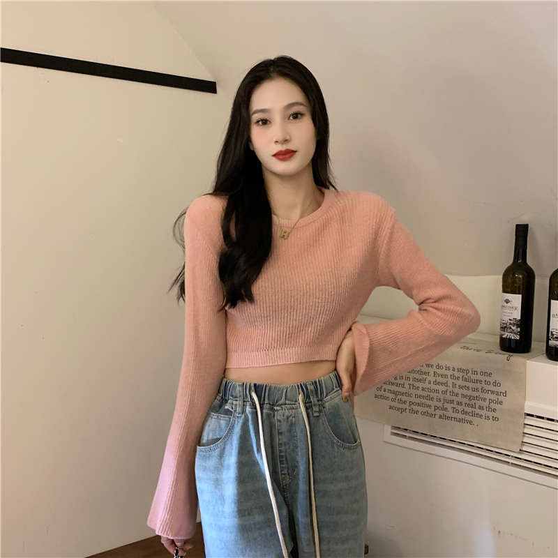 Actual shot of bell-sleeved high-waisted round-neck sweater for women long-sleeved knitted short bottoming shirt top
