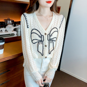 RM23335#秋季长袖针织衫毛衣装蝴蝶结甜美高级感V领女装新款