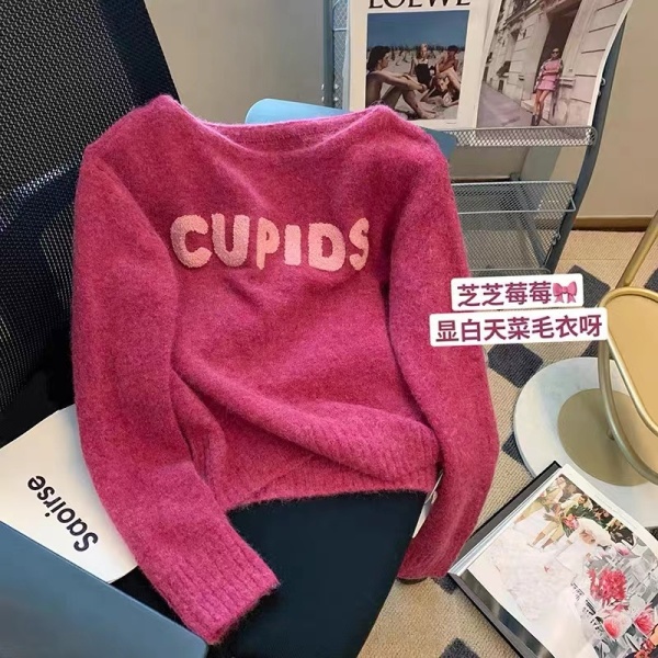KM29080#粉色字母印花套头毛衣女设计感秋季新款甜美减龄洋气针织衫