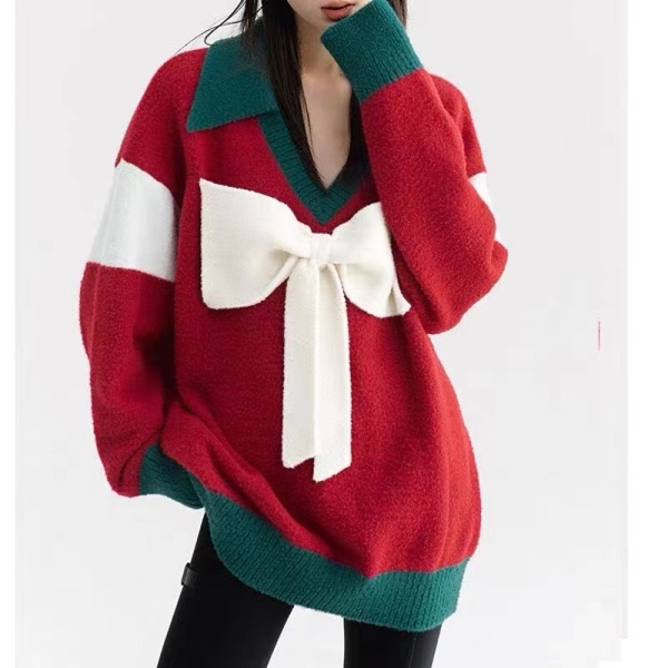 KM29042#红色新年毛衣冬季新款甜美可爱大蝴蝶结针织上衣女