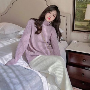 MY3923#紫色韩系慵懒风毛衣女秋冬高领套头宽松针织衫上衣温柔风奶系穿搭