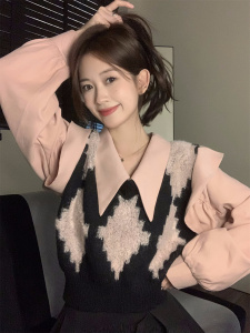 RM25583#大码胖mm韩版时尚百搭气质菱格v领针织马甲假两件polo上衣