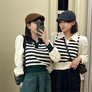KM29188#新款女装2022韩版Polo领条纹拼接撞色假两件针织长袖上衣