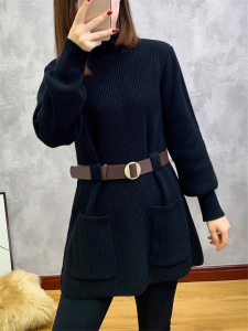 KM29028#新款韩版中长款打底衫女加厚外穿针织毛衣裙配腰带