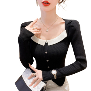 PS65378# 气质方领针织衫女新款秋季设计感撞色修身短款打底衫长袖上衣 服装批发女装服饰货源