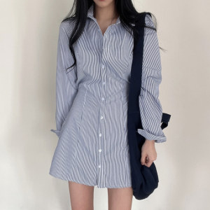PS67605# 韩国chic法式翻领条纹衬衫裙女小个子系带连衣裙 服装批发女装服饰货源