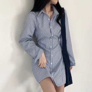 PS67605# 韩国chic法式翻领条纹衬衫裙女小个子系带连衣裙 服装批发女装服饰货源