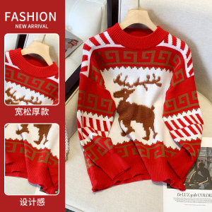 KM28998#复古小鹿提花红色圣诞款毛衣女秋冬新款宽松显瘦洋气针织衫