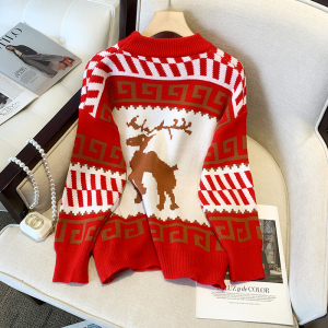 KM28998#复古小鹿提花红色圣诞款毛衣女秋冬新款宽松显瘦洋气针织衫