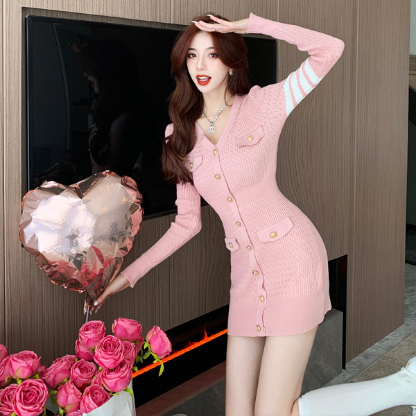 KM30263#粉色长袖针织连衣裙甜辣妹性感气质修身包臀短裙小个子