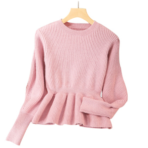 KM30614#韩系气质粉色毛衣高密针设计圆领灯笼袖波浪摆针织衫上衣