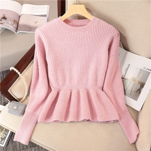 KM30614#韩系气质粉色毛衣高密针设计圆领灯笼袖波浪摆针织衫上衣