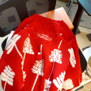 PS65120# 新年红色重工钉珠圣诞毛衣女冬季新款慵懒设计感针织衫 服装批发女装服饰货源