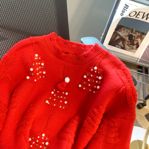 PS65120# 新年红色重工钉珠圣诞毛衣女冬季新款慵懒设计感针织衫 服装批发女装服饰货源