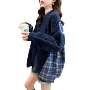 KM29039#新款女装韩版中长款宽松加厚针织衫圆领拼接外穿上衣