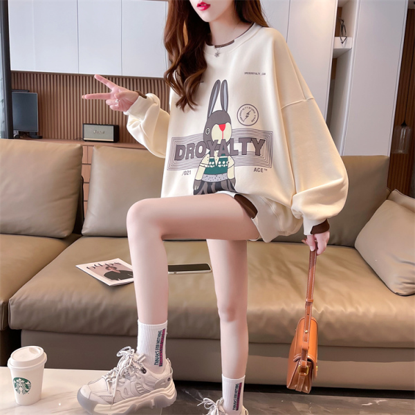 KM29336#韩版后包领复合牛奶丝圆领卡通印花宽松大码加绒卫衣女