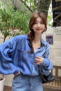 KM29223#韩版拼色长袖衬衫女秋季复古气质高级感上衣服