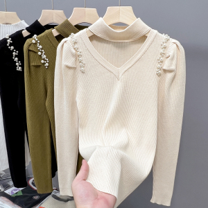 KM29251#大码女装2022冬季新款镂空珍珠打底衫针织衫纯色修身毛衣