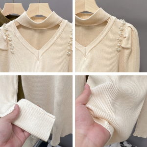 KM29251#大码女装2022冬季新款镂空珍珠打底衫针织衫纯色修身毛衣