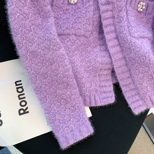 KM29278#新款设计感小众紫色毛衣法式小香风宽松长袖针织开衫女