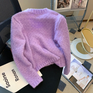 KM29278#新款设计感小众紫色毛衣法式小香风宽松长袖针织开衫女