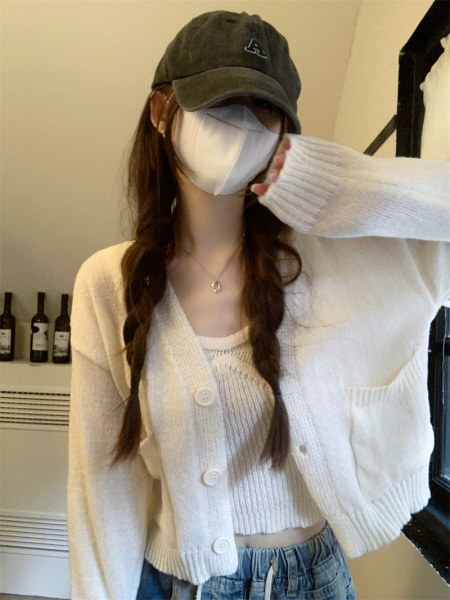 KM29464#新款韩版小香风开衫毛衣外套+吊带抹胸毛衣两套装
