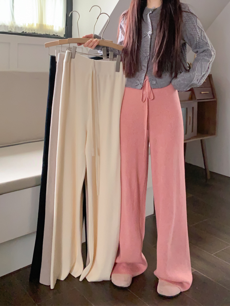Real shot knitted drawstring drape casual pants for women 2023 straight wide leg pants loose slimming pants trousers