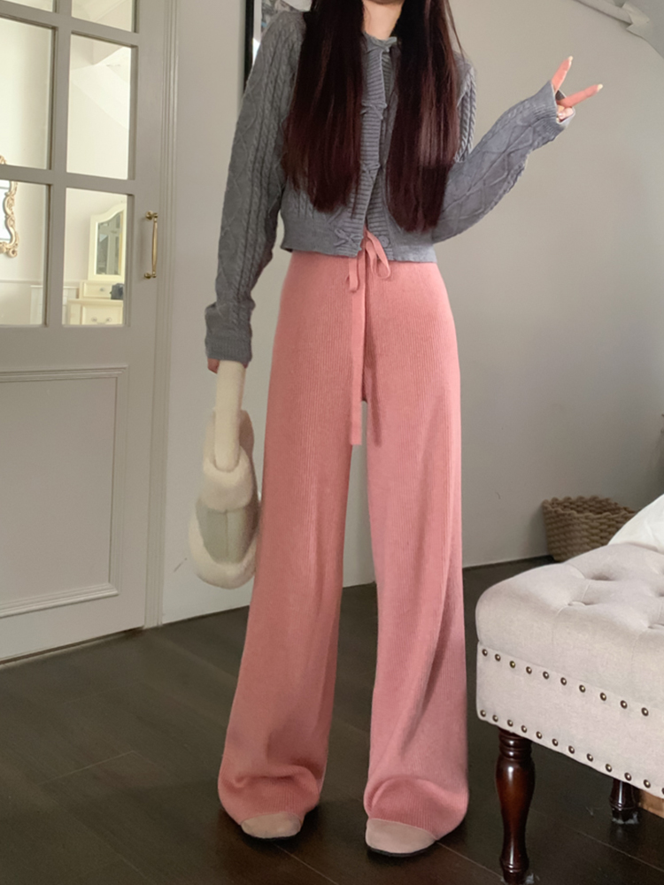 Real shot knitted drawstring drape casual pants for women 2023 straight wide leg pants loose slimming pants trousers