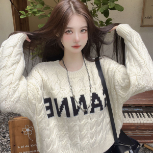 KM29239#韩版新款麻花字母长袖套头针织衫2022秋季休闲减龄短款毛衣