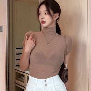 BF65#韩国东大门新品 自留显身材 性感女人味弹力高领微透短袖T恤