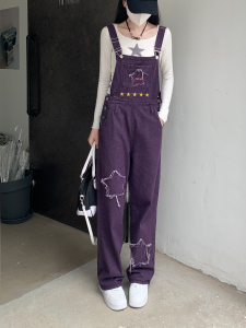 KM29458#紫色牛仔背带裤女美式辣妹高腰小个子刺绣连体裤