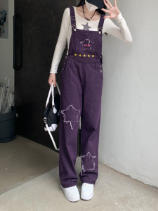 KM29458#紫色牛仔背带裤女美式辣妹高腰小个子刺绣连体裤