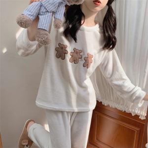 KM29359#韩版可爱小熊刺绣珊瑚绒加厚保暖睡衣套装宽松居家服两件套