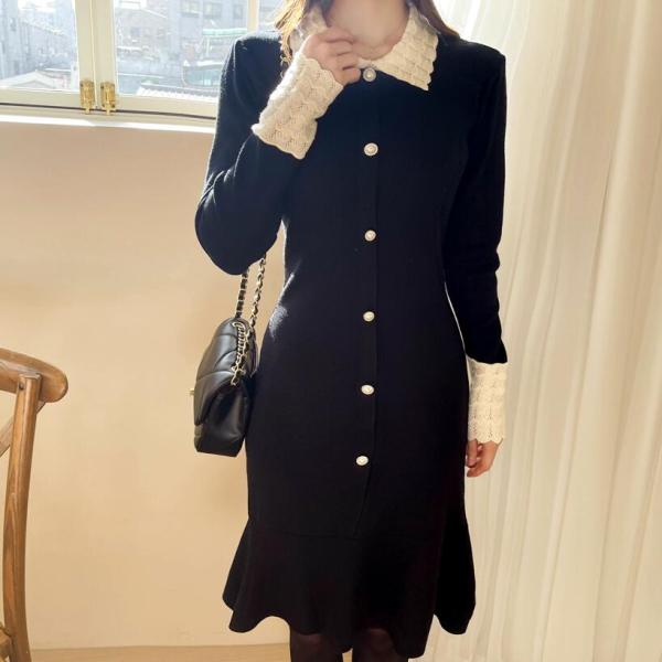KM29482#韩国秋冬季新款气质娃娃领小黑裙赫本风高级感气质针织连衣裙