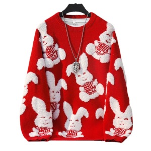KM29506#兔年本命年兔子图案红色毛衣男女情侣装宽松过年大红色针织衫线衣