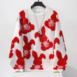 KM29506#兔年本命年兔子图案红色毛衣男女情侣装宽松过年大红色针织衫线衣
