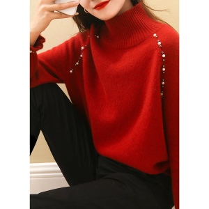 KM30814#高领羊毛毛衣重工钉珠冬装时尚红色针织衫套头宽松设计感温柔风女