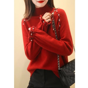 KM30814#高领羊毛毛衣重工钉珠冬装时尚红色针织衫套头宽松设计感温柔风女